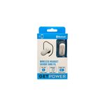 Audífonos Bluetooth blanco y negro GetPower, en su empaque blanco y azul con especificaciones técnicas