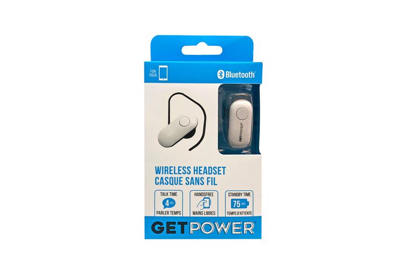 Audífonos Bluetooth blanco y negro GetPower, en su empaque blanco y azul con especificaciones técnicas