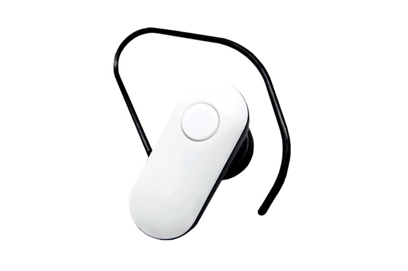 Audífonos Bluetooth blanco/negro GetPower, vista lateral del auricular blanco con gancho negro para la oreja