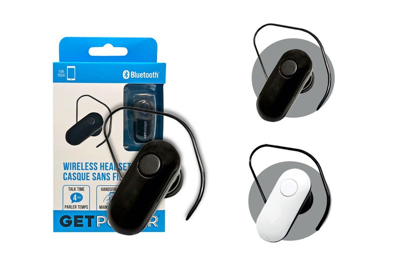 Audífonos Bluetooth blanco y negro GetPower, empaque azul y modelos individuales en color negro y blanco