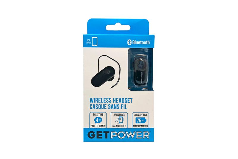 Audífonos Bluetooth blanco y negro GetPower, en su empaque con detalles técnicos y logo de Bluetooth