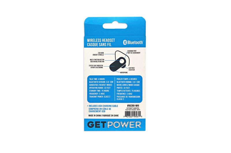 Audífonos Bluetooth blanco/negro GetPower, parte posterior del empaque con especificaciones técnicas y diagrama del equipo