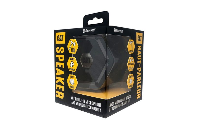 Mini parlante portátil Bluetooth 3 W CAT, en su empaque negro y amarillo con detalles técnicos