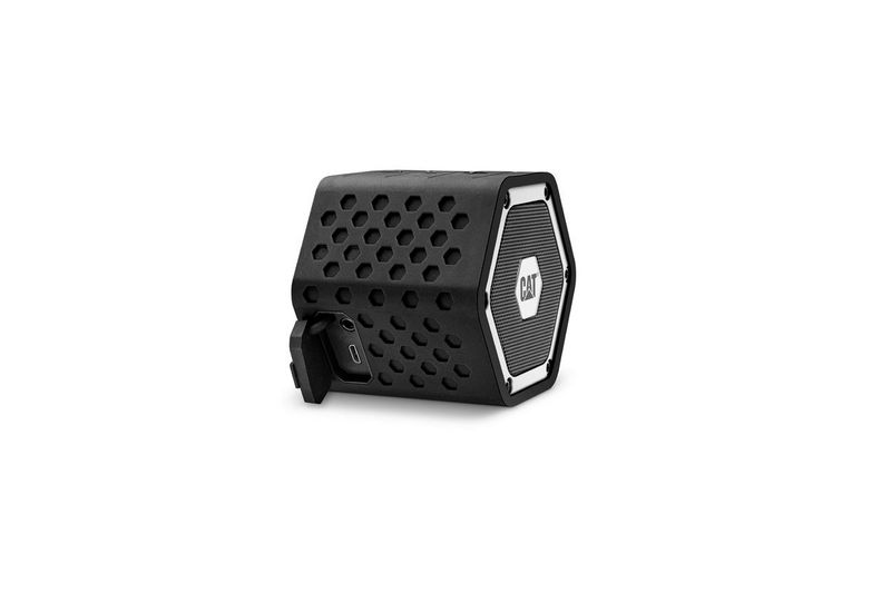 Mini parlante portátil Bluetooth 3 W Cat, vista lateral trasera en color negro con textura perforada y puerto de carga