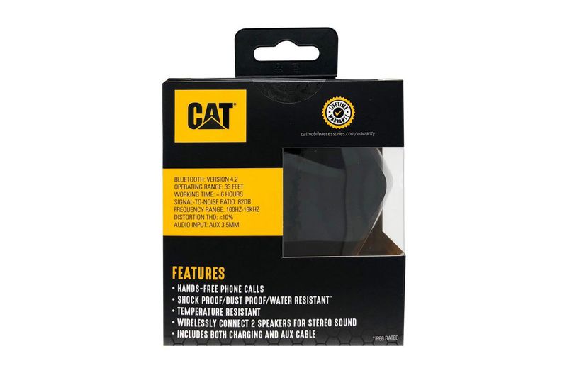 Mini parlante portátil Bluetooth 3 W CAT, empaque frontal con especificaciones técnicas y logo amarillo