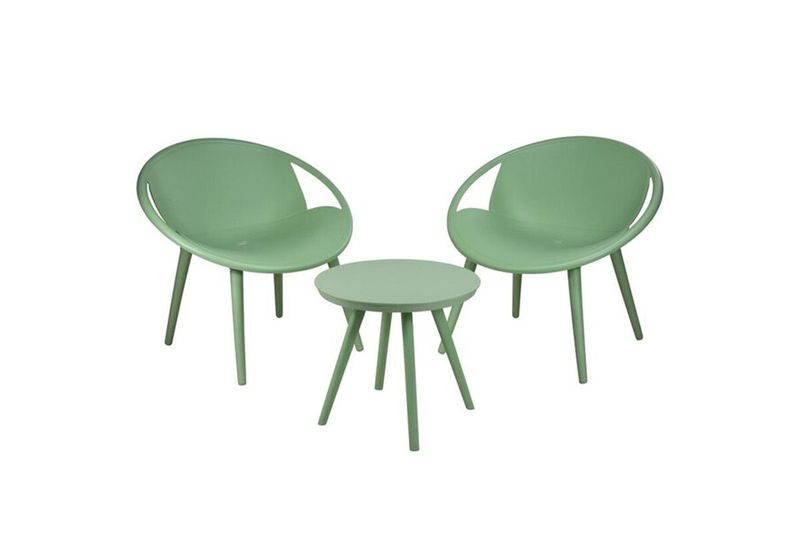 Set de mueble para terraza verde olivo 3 piezas Ambiance, dos sillas con brazos redondeados y una mesa circular pequeña