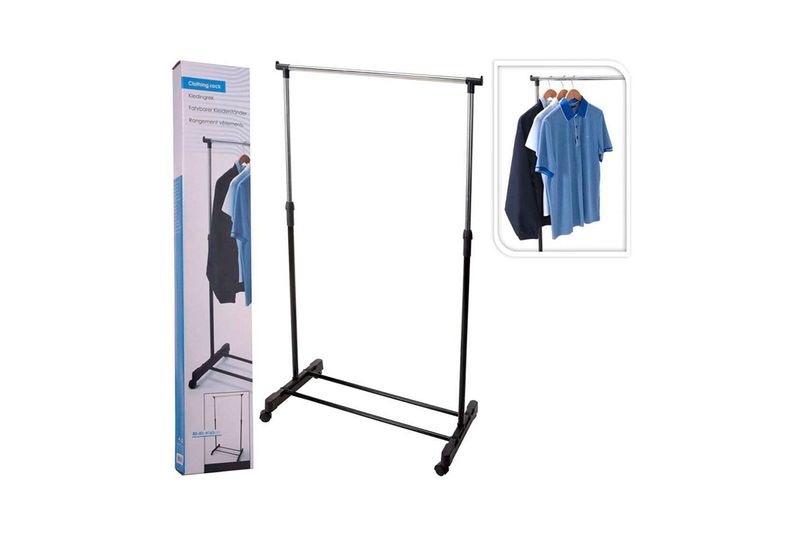 Perchero con ruedas regulable 84 x 42 x 165 cm Koopman, estructura negra junto a su caja y recuadro con ropa colgada