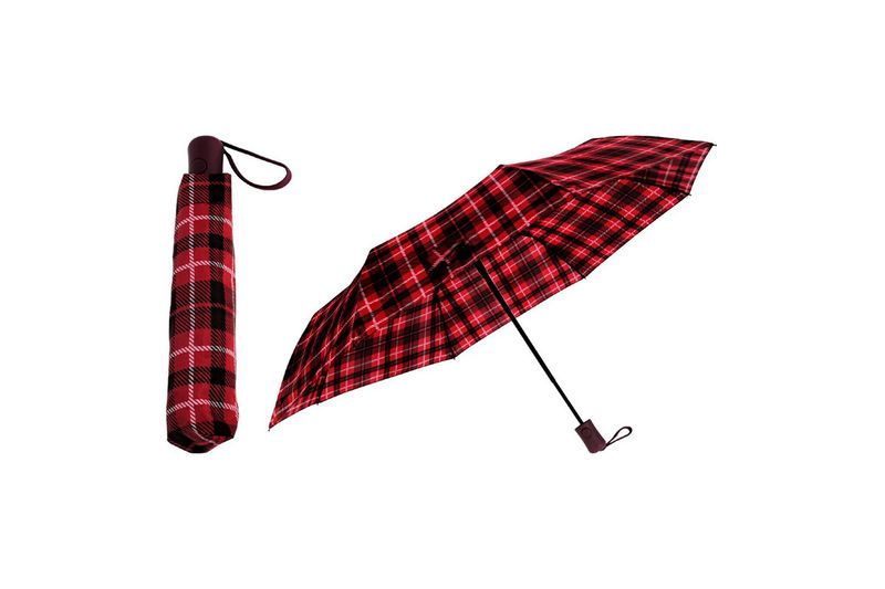 Paraguas plegable cuadros Koopman de 95 cm, muestra el modelo abierto y otro cerrado con su funda roja a cuadros