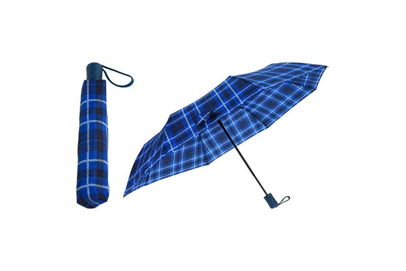 Paraguas plegable cuadros surt de 95 cm Koopman, modelo azul abierto y otro cerrado con su funda y correa