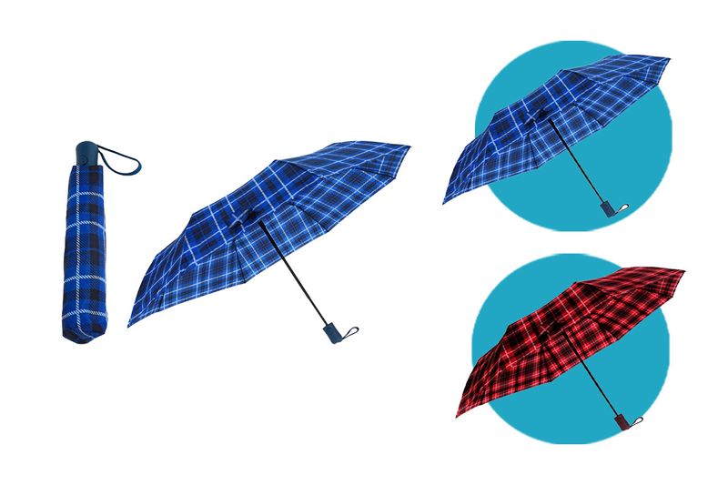 Paraguas plegable cuadros surt de 95 cm Koopman, modelos abierto y cerrado en colores azul y rojo