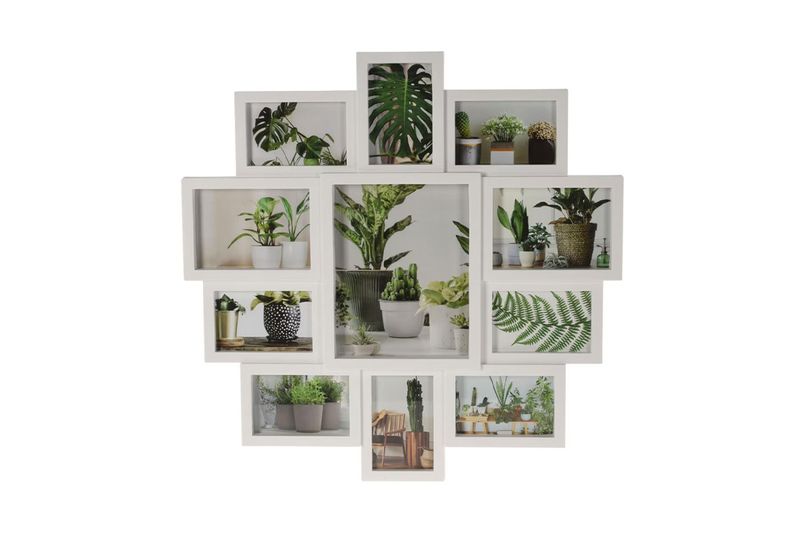 Portarretrato de 11 espacios marco blanco 61x62 cm Koopman Home Styling, vista frontal con fotografías de plantas interiores