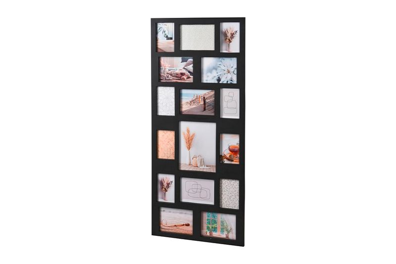 Portarretrato 16 espacios marco negro 46x109 cm Koopman, vista frontal con fotografías decorativas en los espacios