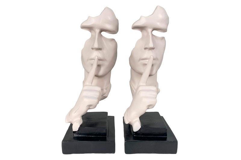 Juego de sujetadores decorativos para libros 28.5 x 11 x 31 cm SINSA, dos rostros blancos con dedo en los labios y base negra