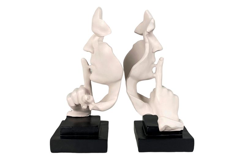 Juego de sujetadores decorativos para libros 28.5 x 11 x 31 cm Sinsa, dos piezas blancas con bases negras enfrentadas