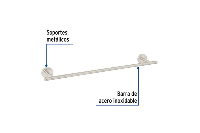 Toallero de barra metálico satín Foset, vista frontal con etiquetas que señalan los soportes metálicos y la barra de acero