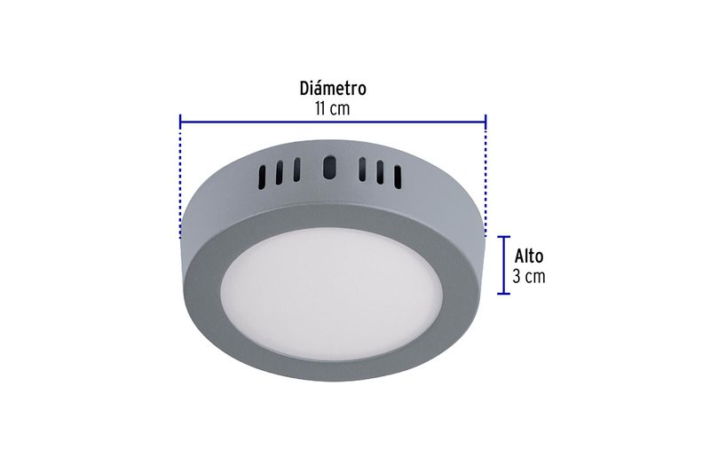 Luminaria de sobreponer LED tipo plafón 6 W 400 lum 6500 K redonda gris Volteck, gráfico con diámetro de 11 cm y alto de 3 cm