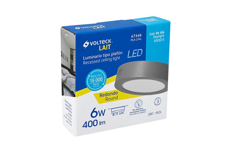 Luminaria de sobreponer LED tipo plafón 6 W 400 lum 6500 K redonda gris Volteck, en su empaque con especificaciones técnicas