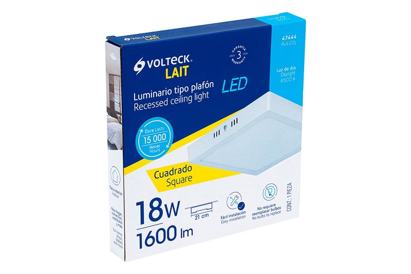 Luminaria de sobreponer LED tipo plafón 18 W 1600 lum 6500 K cuadrado blanco Volteck, empaque frontal con especificaciones