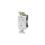 Toma hembra doble TR GFCI Decora Nema 5-20R 20 A 125 V blanco Leviton, vista frontal y lateral del dispositivo