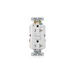 Toma hembra doble TR GFCI Decora Nema 5-20R 20A 125V blanco Leviton, vista frontal con botones de test y reset