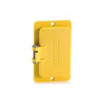 Placa P-Caja portátil 1 gang resistente a la intemperie amarillo Leviton, vista frontal de la tapa cerrada con bisagra