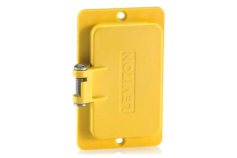 Placa P-Caja portátil 1 gang resistente a la intemperie amarillo Leviton, vista frontal de la tapa cerrada con bisagra