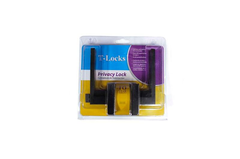 Cerradura manecilla baño negro cuad T-Locks, en empaque plástico transparente con tarjeta morada y amarilla