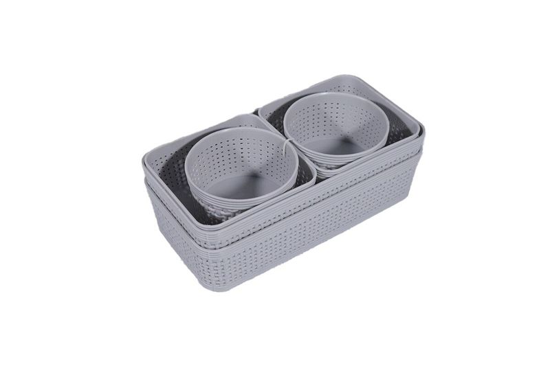Juego de cestas organizadoras 6 piezas plásticas gris SINSA, vista cenital de las cestas anidadas una dentro de otra