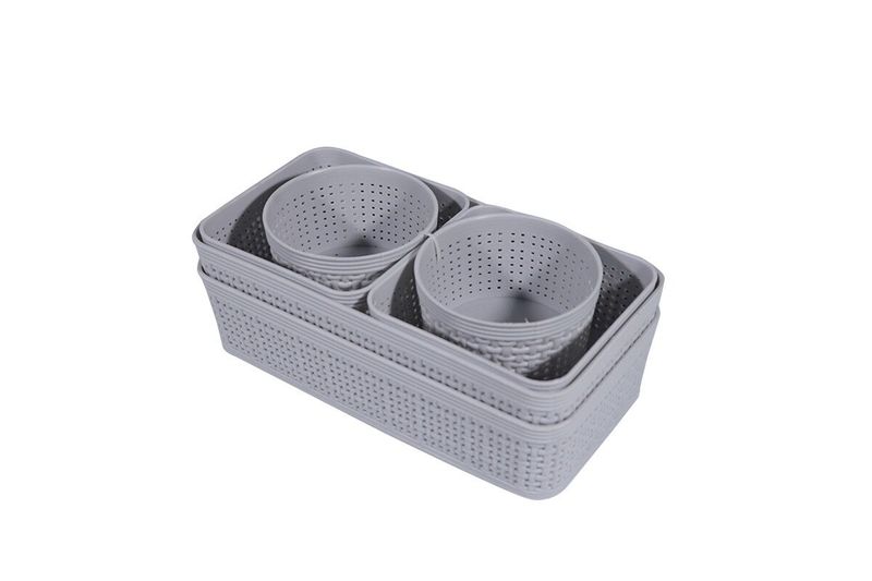 Juego de cestas organizadoras 6 piezas plásticas gris Sinsa, cestas de distintos tamaños apiladas una dentro de otra