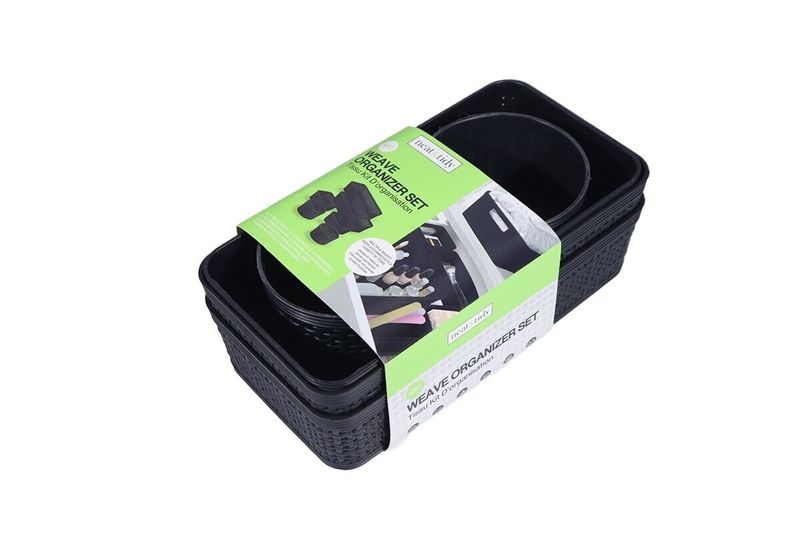 Juego de cestas organizadoras 6 piezas plásticas negro Sinsa, set completo en su empaque con caja de cartón verde