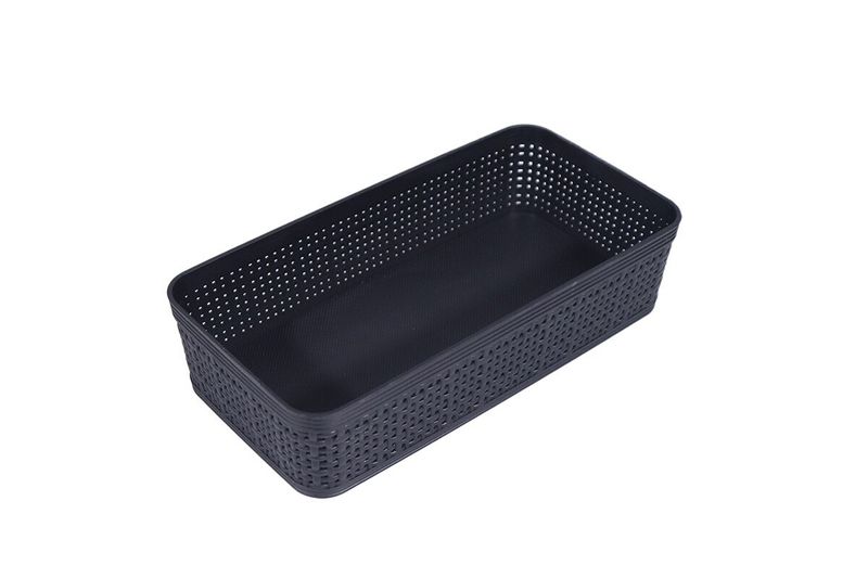 Juego de cestas organizadoras 6 piezas plásticas negro SINSA, vista superior diagonal de una cesta rectangular perforada