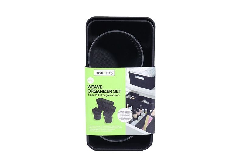 Juego de cestas organizadoras 6 piezas plásticas negro Sinsa, en su empaque con etiqueta y foto de uso sugerido