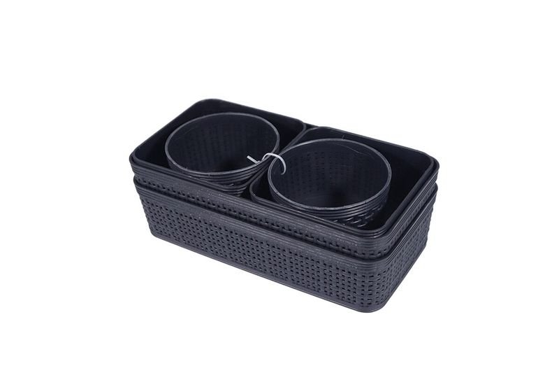 Juego de cestas organizadoras 6 piezas plásticas negro Sinsa, vista superior de las cestas apiladas una dentro de otra