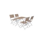 Set de mueble para terraza Houblon 4 pzs Hespéride, mesa rectangular y cuatro sillas plegables en color beige y blanco