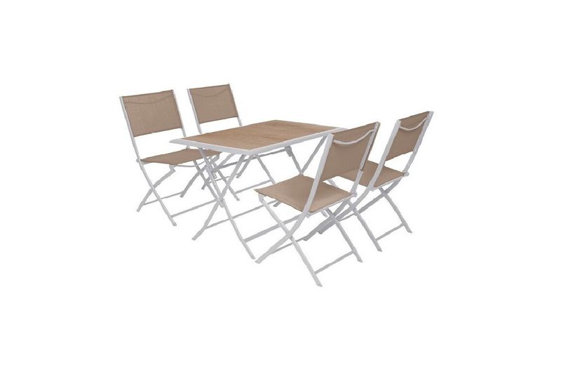 Set de mueble para terraza Houblon 4 pzs Hespéride, mesa rectangular y cuatro sillas plegables en color beige y blanco