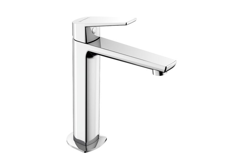 Llave para lavamanos monomando media Kloe Genebre, vista lateral del grifo cromado con diseño moderno y cuadrado