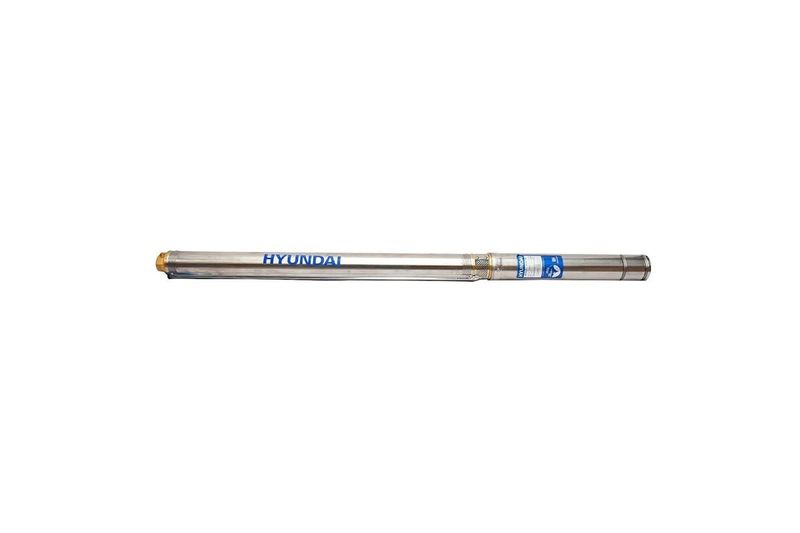 Bomba sumergible para agua limpia 110 V 3/4 HP Hyundai, vista lateral completa del cuerpo cilíndrico metálico