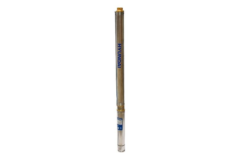 Bomba sumergible para agua limpia 110 V 3/4 HP Hyundai, vista frontal del equipo cilíndrico de metal