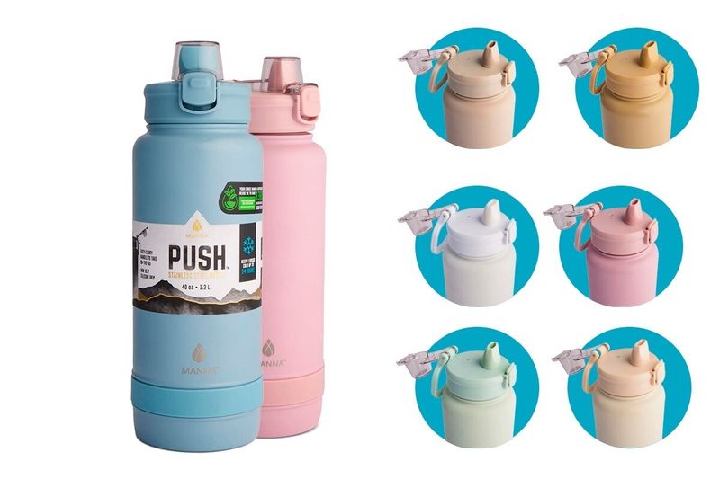 Botella insulada 40 oz Push Surt Manna, muestra la botella azul y rosa junto a círculos con los distintos colores disponibles
