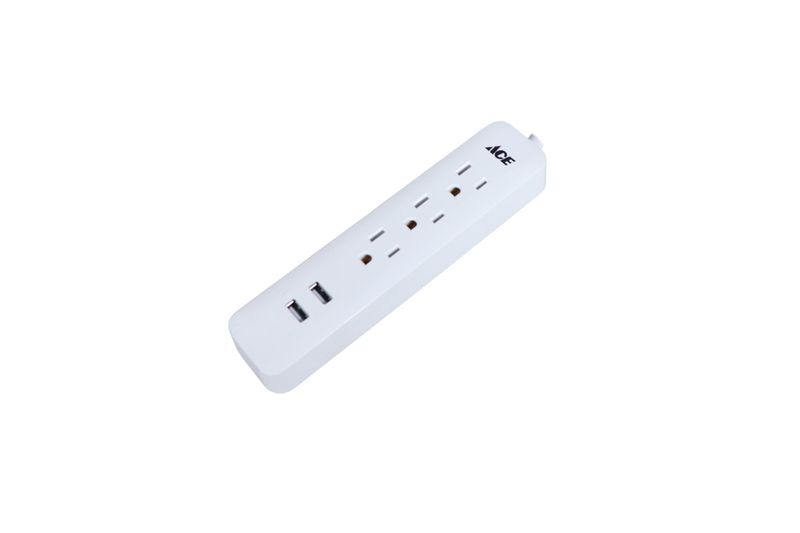 Regleta de tomacorriente 3 salidas con 2 salidas USB 2.1 Ace blanco, vista superior en ángulo desde la izquierda