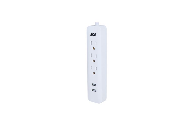 Regleta de tomacorriente 3 salidas con 2 salidas USB 2.1 Ace blanco, vista lateral del equipo