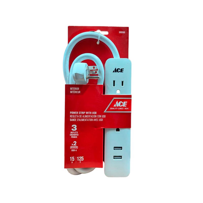 Regleta de tomacorriente 3 salidas con 2 salidas USB 2.1 Ace blanco, en su empaque rojo con cable enrollado