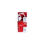 Regleta de tomacorriente 3 salidas con 2 salidas USB 2.1 Ace blanco, en su empaque rojo con detalles técnicos