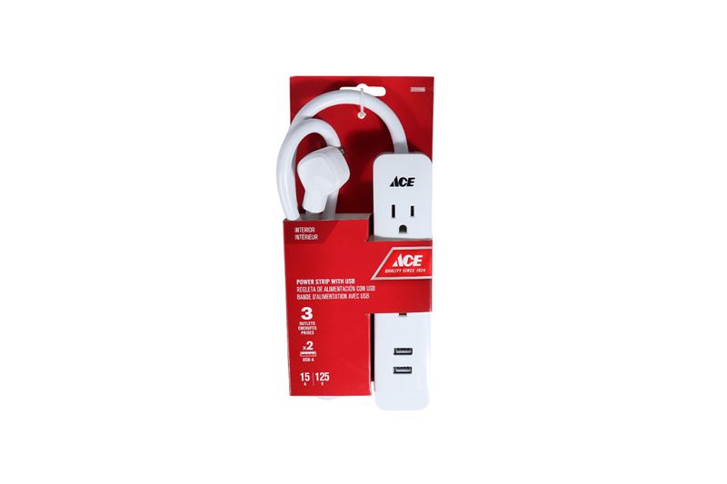 Regleta de tomacorriente 3 salidas con 2 salidas USB 2.1 Ace blanco, en su empaque rojo con detalles técnicos