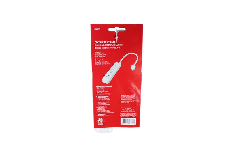 Regleta de tomacorriente 3 salidas con 2 salidas USB 2.1 Ace blanca, empaque frontal con ilustración del producto