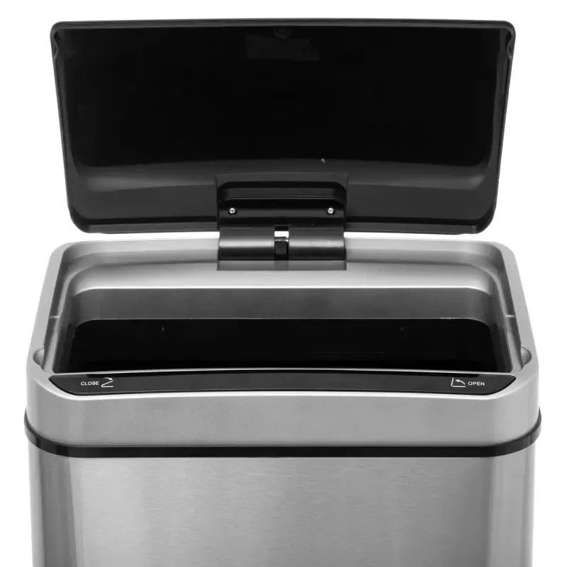 Basurero sensor automático 40 L acero inox 5five Simply Smart, vista frontal con tapa abierta y panel de control