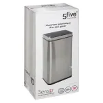 Basurero sensor automático 40 L acero inox 5five, empaque blanco con ilustración del producto y especificaciones