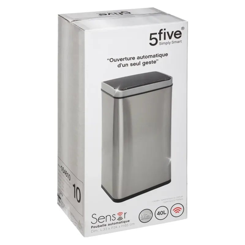 Basurero sensor automático 40 L acero inox 5five, empaque blanco con ilustración del producto y especificaciones