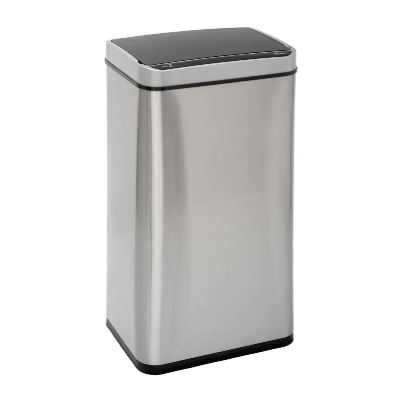Basurero sensor automático 40 L acero inox 5five, vista en ángulo del cuerpo metálico y tapa negra