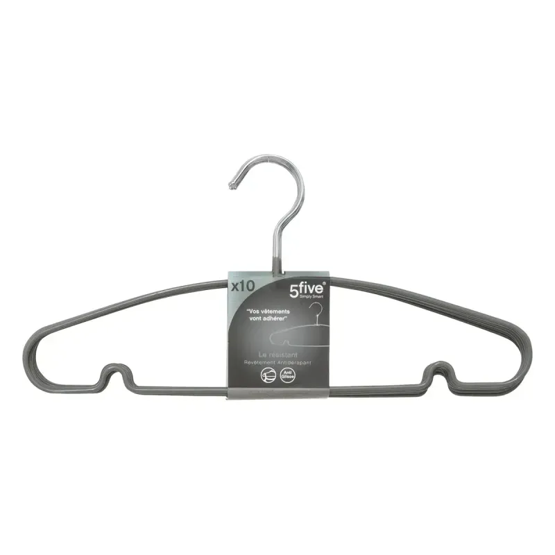Juego de perchas 10 piezas metálicas 5five, primer plano de una percha con etiqueta de empaque gris y blanca